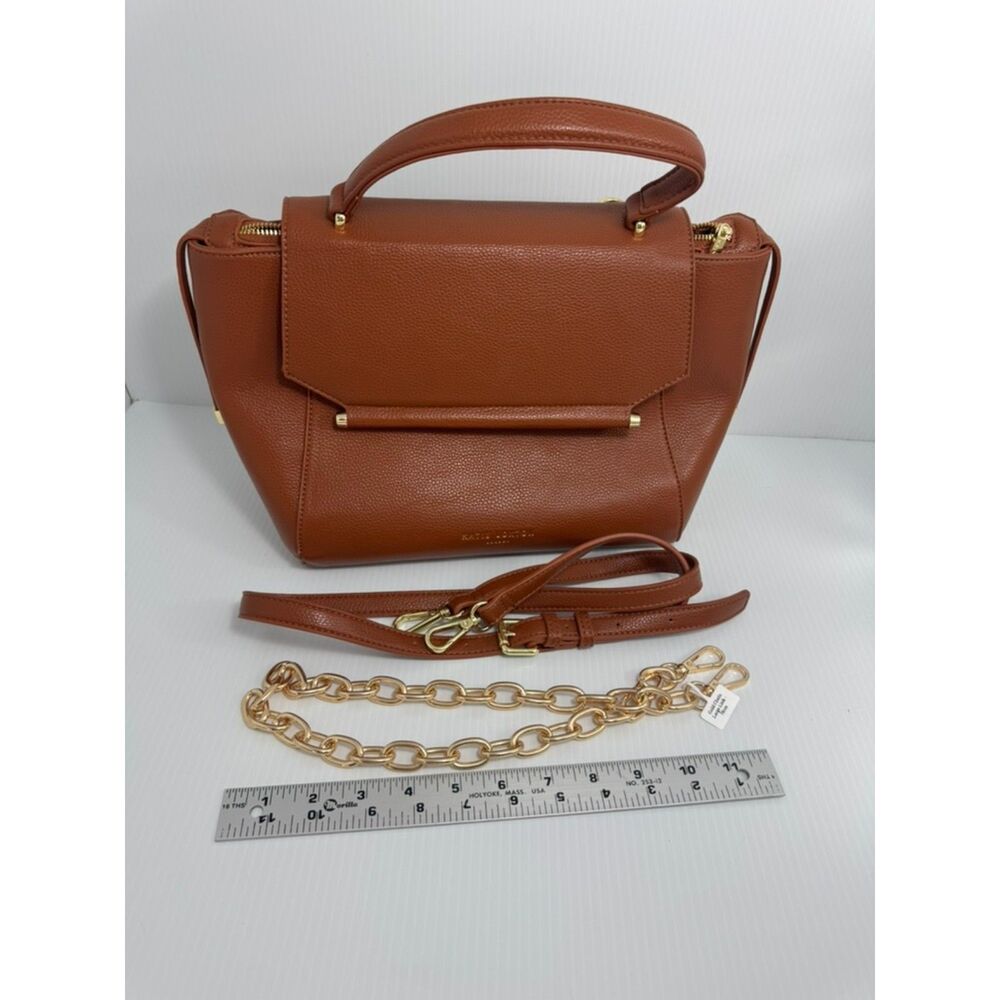 Katie Loxton Cognac Brown Structured Flap Top Handle Satchel Bag w/ Gold Chain